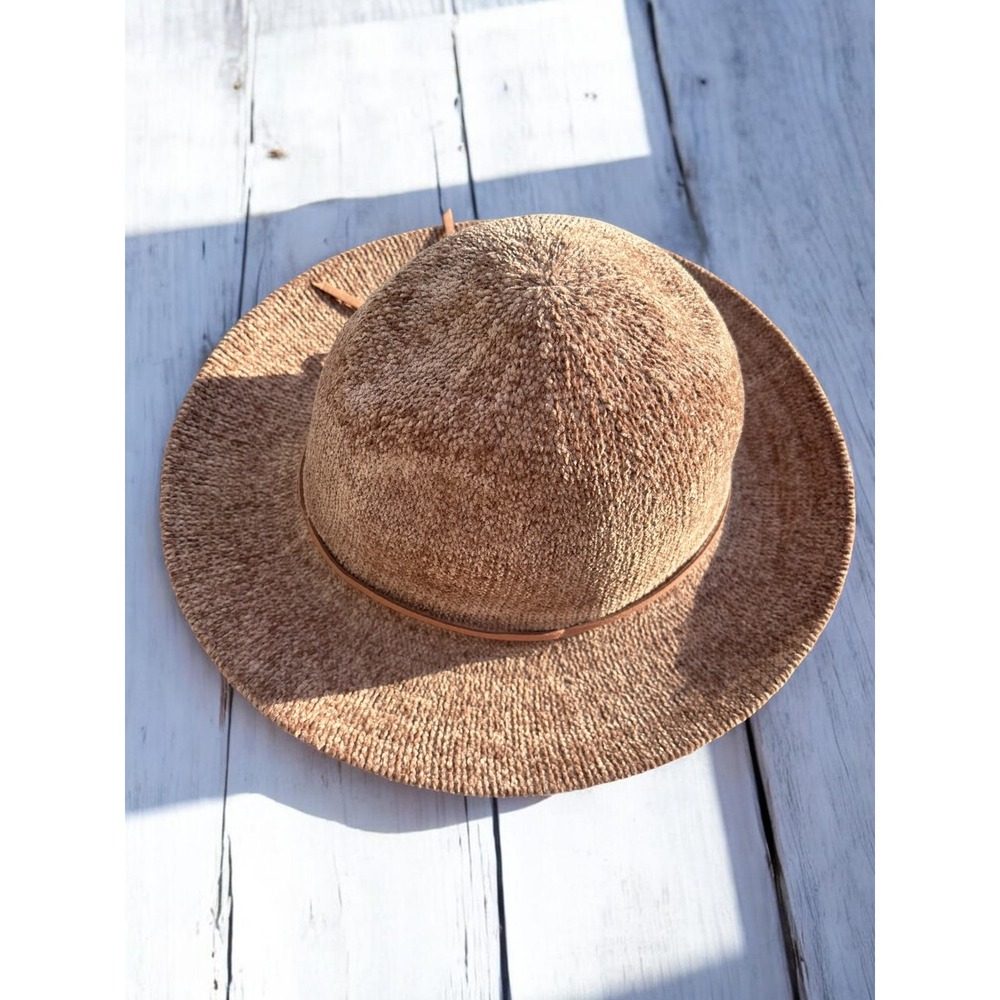 Boho Fedora Hat OS Mauve Brown Polyester Knit Faux Leather Bow Trim Adjustable‎